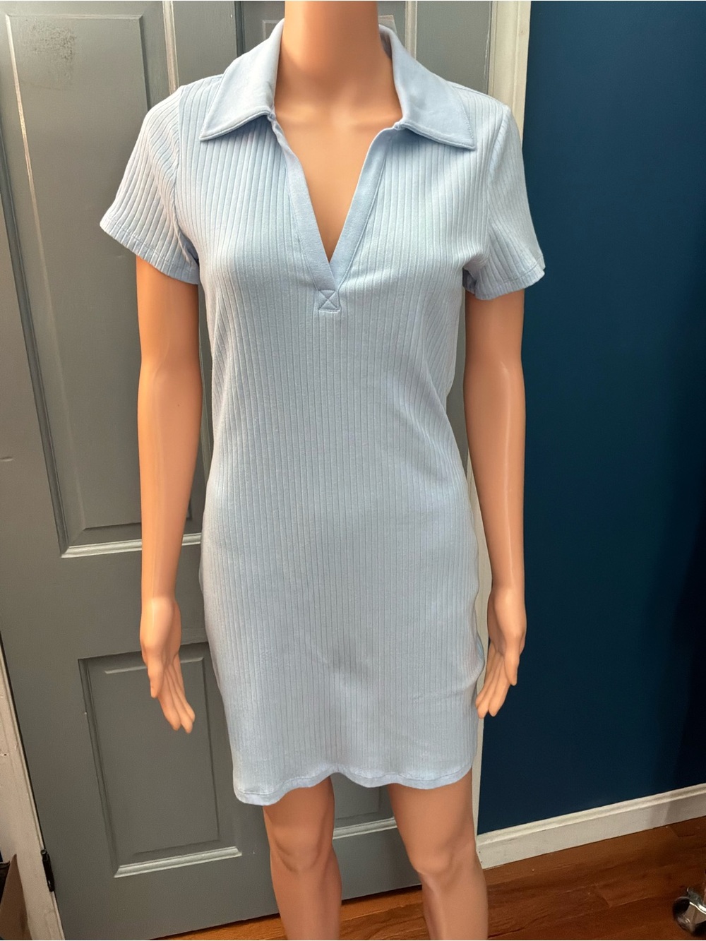 H&M Pale Blue Ribbed Polo Mini Dress